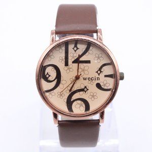 WECIN Watch Womens Bronze Tone Stainless Steel Big Floral Numbers Leather Band